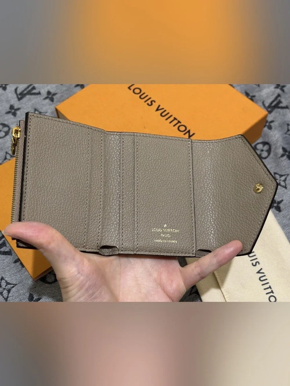 Louis Vuitton Taupe Embossed Monogram Compact Wallet with Gold Snap Button